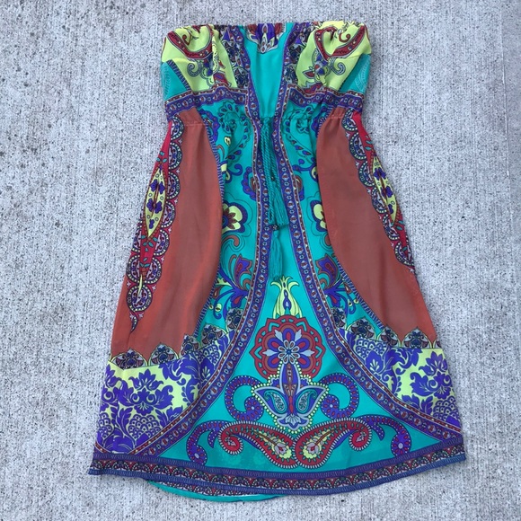 3/ $25 Fab’rik Strapless Teal Printed Dress Small - Picture 3 of 3